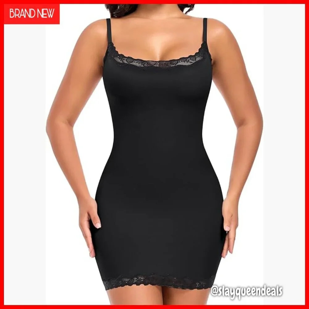Adjustable Spaghetti Strap Full Slip Dress, Lace Trim, Nylon Spandex Blend